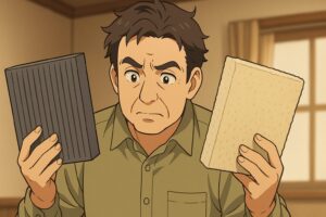 遮音シートを比べる男性