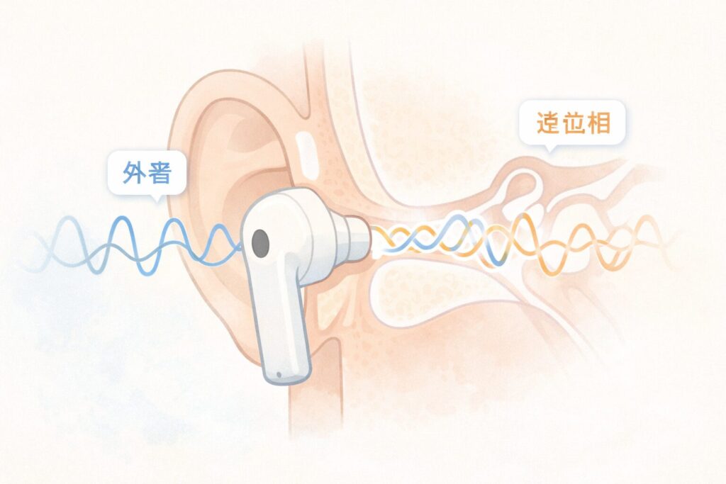 逆位相の音波が出て打ち消し合う様子